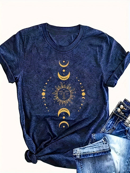 [Tee] Soft Women'S Navy Graphic Tee Casual Round Neck Short Sleeve-Shirt, Moon& Stars Design, Casual Attire SS69