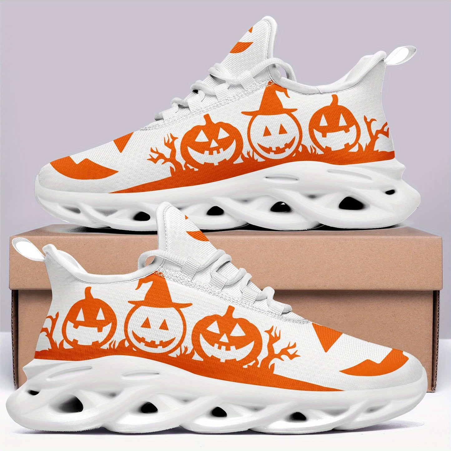 Women's Halloween Sneakers - Orange Pumpkin Jack-o'-Lanterns, Lace-Up Trick Treat Shoes, Plus Size Available - All-Season Casual Shoes for Halloween Parties, Casual Attire & Costume Outfits - Lightweight EVA Sole for Fall Fes SS69