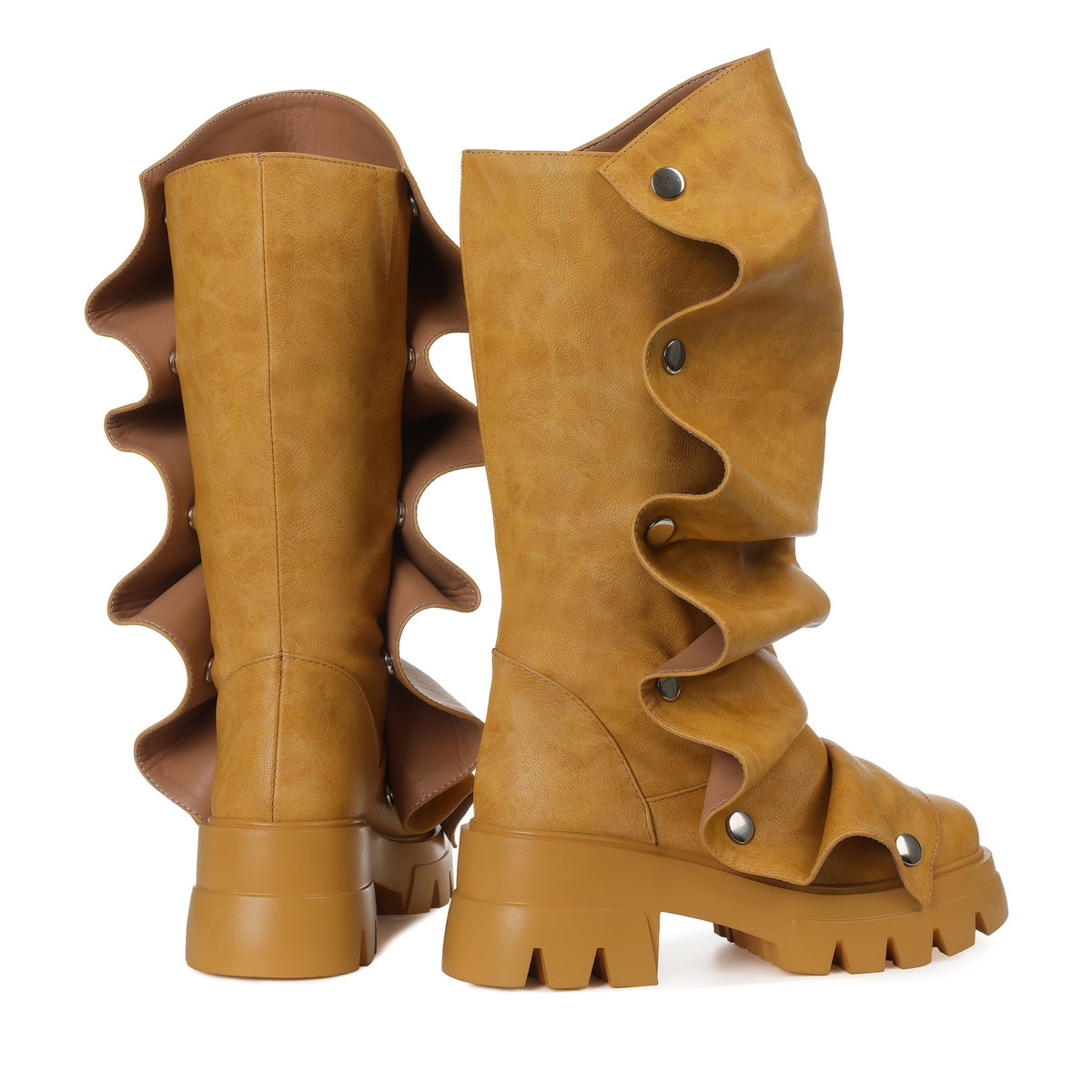 Women'S Round Toe Ruched Studded Mid Calf Chunky Heel Boots Stylish Boots Casual Dating Shoes SS69