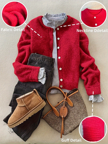 Women'S Soft Alpaca Sweater - Elegant Long Sleeve Button-Front Cardigan with Relaxed Fit & Open Collar, Warm Winter Coat Sweater for Casual & Formal Outfits, Cozy Fall Winter Sweater for Women (Red, Brown, Black, Grey, Beige) SS69