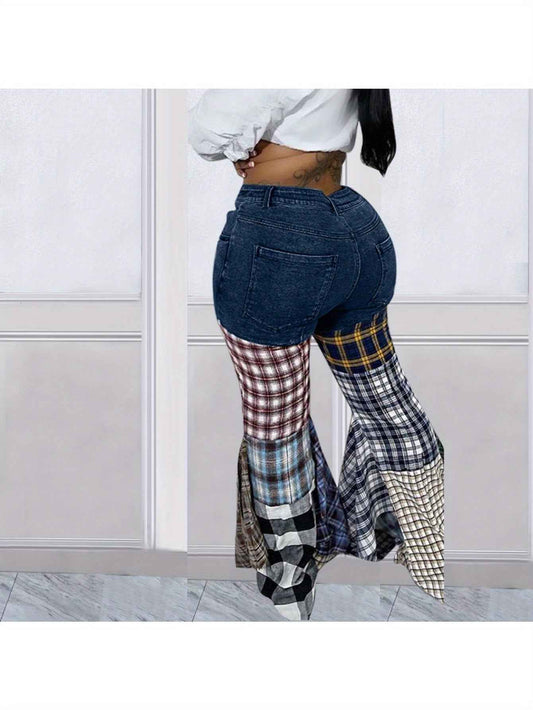 Denim Trousers for Women with a Houndstooth Pattern, Featuring Flared Legs And Ruffles.