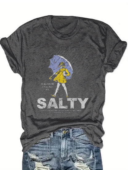 Salty with Umbrella Graphic Tee - Vintage Style Summer Beachwear for Trendy Women, Perfect for Vacation and Everyday Wear, ed T-shirt SS69