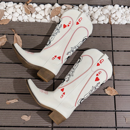 Vintage Style Comfortable Chic Women's Embroidered Western Cowboy Boots - Square Toe, Chunky Heel, Slip-On, Faux Cover for All Seasons SS69 42.69 US 5 / White