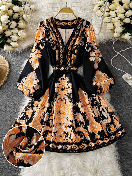 [Bohemian V-Neck Dress] Sleeveless Geometric Print Women's Bohemian V-Neck Mini Dress with Belt | Flared Bodice with Buttons, Pleated A-Line Skirt, Perfect for Spring & Summer Vacations, Casual Resort Wear