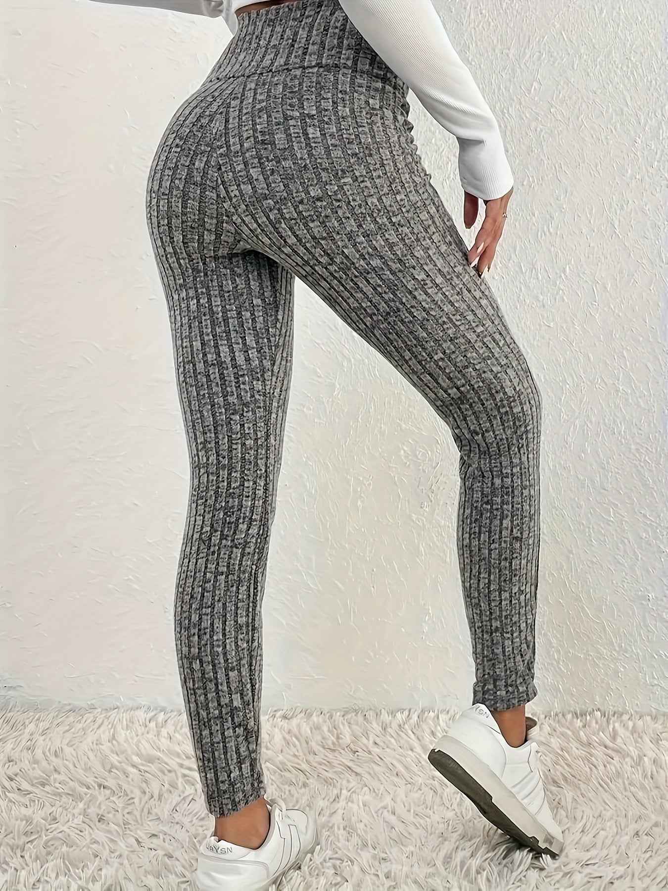 1pc Plus Size High Waist Solid Color Knit Leggings, Casual Stretchy Slimming Tights for Women, Polyester Knitted Fabric, Autumn/Winter Season