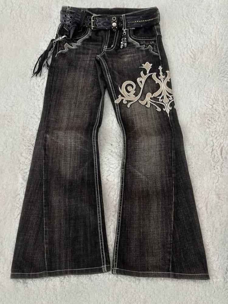 Women's Vintage Y2K Jeans - Mid-Rise Flared Pants, Washed Black Retro Leggings for 2000s Fashion Outfits, Casual & Formal Events - All-Season Jeans, Embroidered Details, Durable Fabric, Stylish Bottoms, Women, Trendy Outfit,