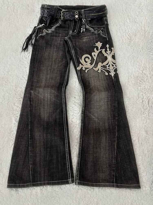 Women's Vintage Y2K Jeans - Mid-Rise Flared Pants, Washed Black Retro Leggings for 2000s Fashion Outfits, Casual & Formal Events - All-Season Jeans, Embroidered Details, Durable Fabric, Stylish Bottoms, Women, Trendy Outfit,