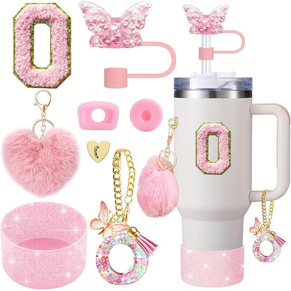 8pcs Cup Accessories for Cup 30oz 40oz Includes Butterfly Straw Cover Cap Silicone Boot Alphabet Handle Charm Initials Sticker 2pcs Spill Proof Stopper Heart Hook Love Plush Ball, Best for Christmas, Perfect for Thanksgiving SS69