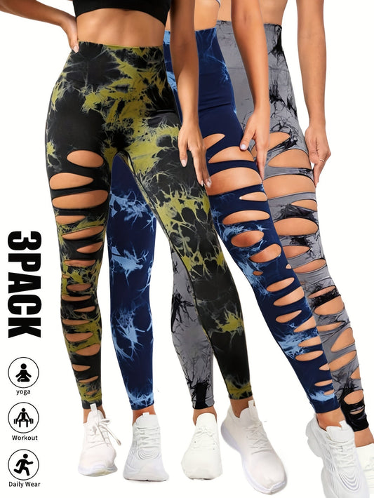 3 Pack High Waist Tie Dye Cutout Yoga Leggings - Scrunch Butt Lifting, Tummy Control, Elastic Workout Pants for Women SS69