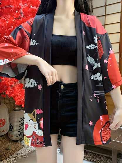 [Costume Delight] Anime Cosplay Kimono Cardigan - Lucky Cat & Festive Motifs, Lightweight Polyester, 3/4 Sleeve, Open Front Shawl - Ideal for Spring/Summer, Sun Protection, Halloween & Christmas Costumes SS69