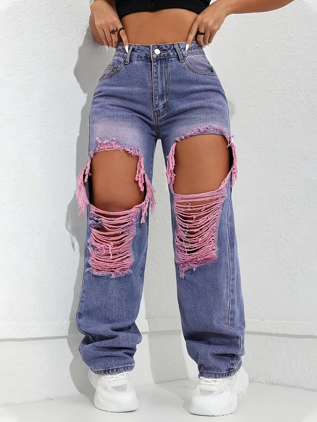 Trendy Retro High-Waisted Ripped Wide-Leg Jeans for Women - Distressed Denim with Pink Frayed Hems, Mid-Rise, Loose Fit, Machine Washable, All-Season Casual Wear SS69