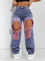 Trendy Retro High-Waisted Ripped Wide-Leg Jeans for Women - Distressed Denim with Pink Frayed Hems, Mid-Rise, Loose Fit, Machine Washable, All-Season Casual Wear SS69