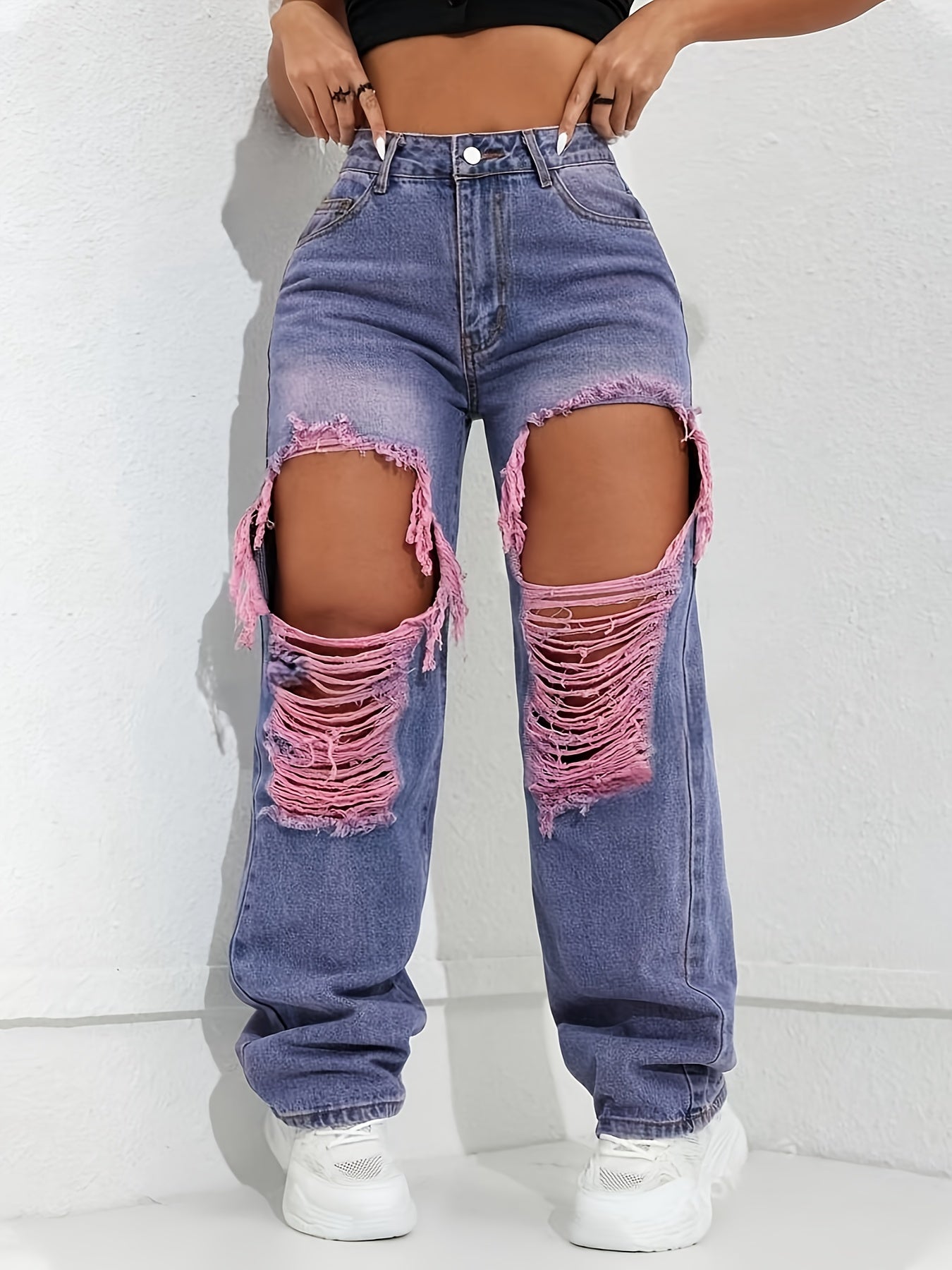 Trendy Retro High-Waisted Ripped Wide-Leg Jeans for Women - Distressed Denim with Pink Frayed Hems, Mid-Rise, Loose Fit, Machine Washable, All-Season Casual Wear SS69