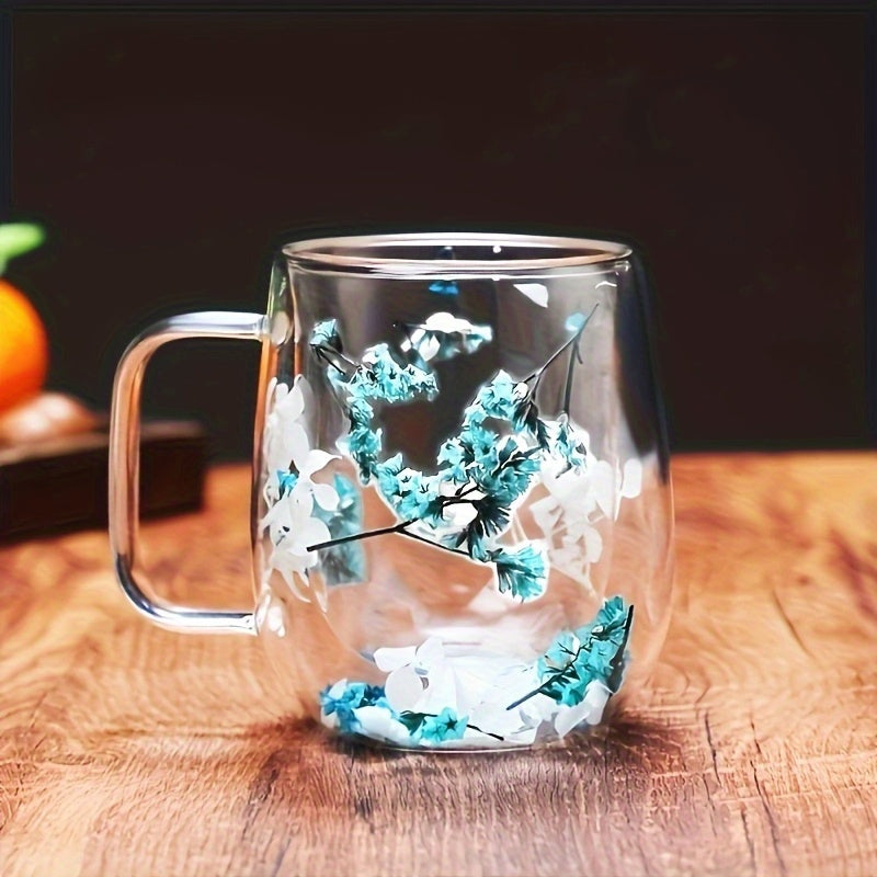 1pc Innovative Double Glass with Real Dry Flowers-High Borosilicate Glass, Suitable for Coffee and Tea-Ideal for Home, Office or Bar Use. SS69
