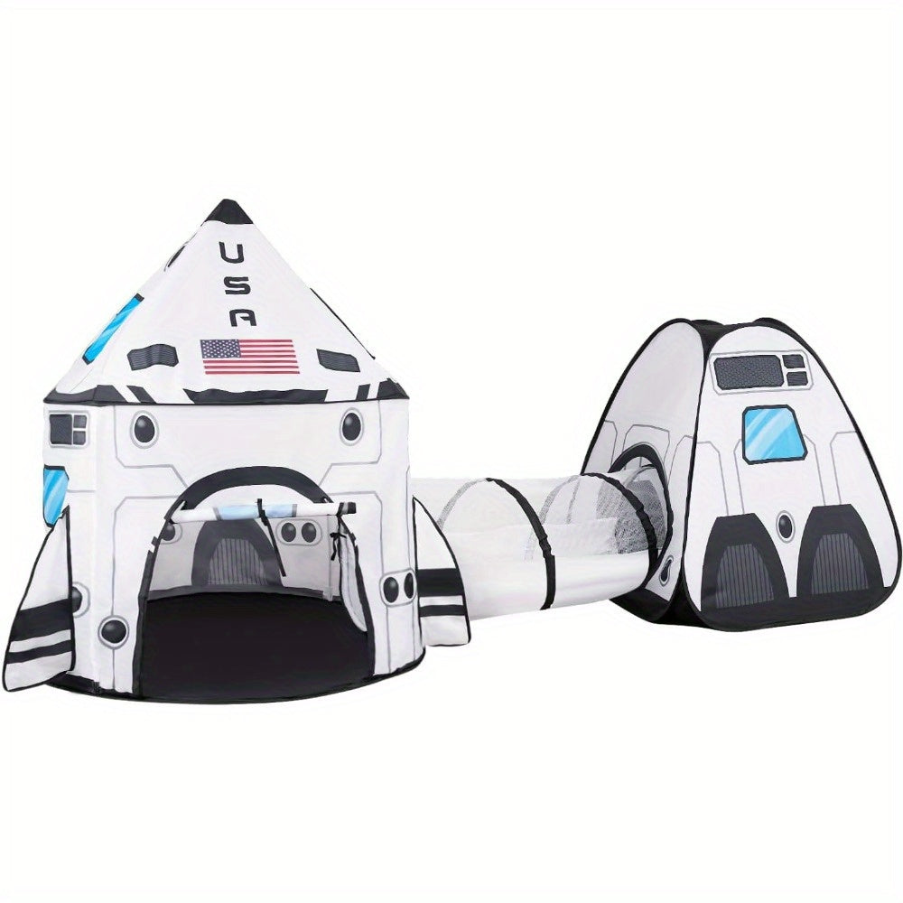 White Rocket Ship Pop up Play Tent with Tunnel for Kids, Playhouse Kids Indoor Outdoor Spaceship Tent Set, birthday gifts for boys and girls
