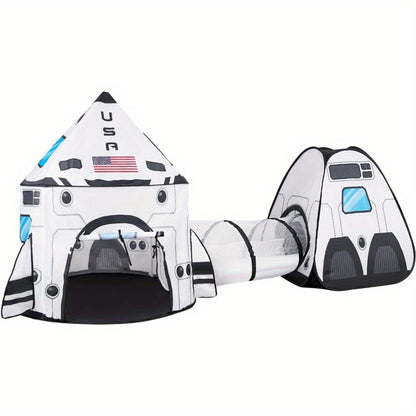 White Rocket Ship Pop up Play Tent with Tunnel for Kids, Playhouse Kids Indoor Outdoor Spaceship Tent Set, birthday gifts for boys and girls