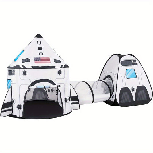 White Rocket Ship Pop up Play Tent with Tunnel for Kids, Playhouse Kids Indoor Outdoor Spaceship Tent Set, birthday gifts for boys and girls