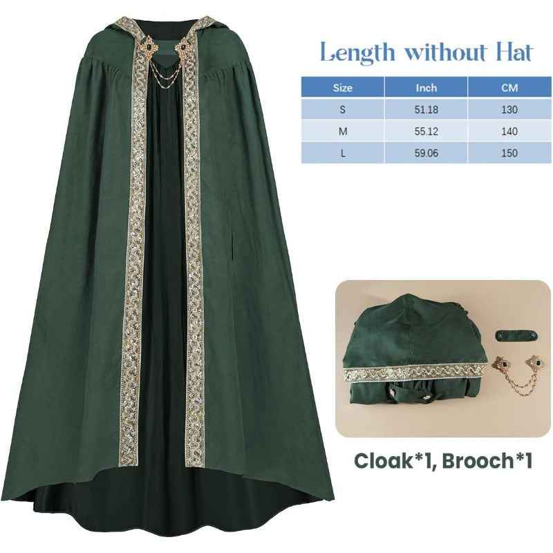 Medieval-Style Hooded Cape Costume, Celtic Knot & Satin Trim, Adjustable Tie-Front Closure, Renaissance Faire Outfit for Renaissance Festival Cosplay Themed Parties, Beige Pink Dark Green Burgundy