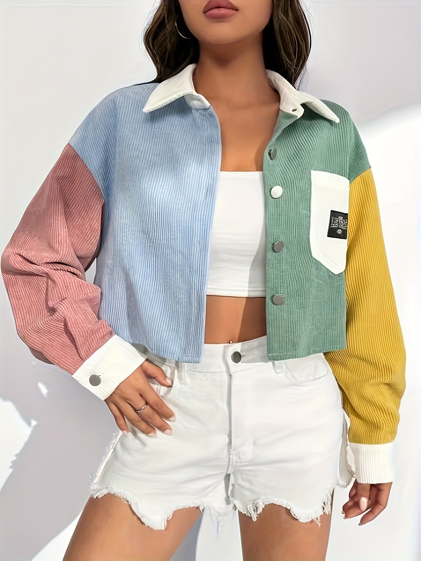 Off Shoulder Jacket - Color Block Letter Patch, Stylish for Casual Wear SS69