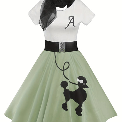 [Retro Skater Dress] Retro Poodle Print Women's Skater Dress | Vintage High Waist Rockabilly Swing Tee Cute Dresses SS69 26.69 Mint Green / XXL