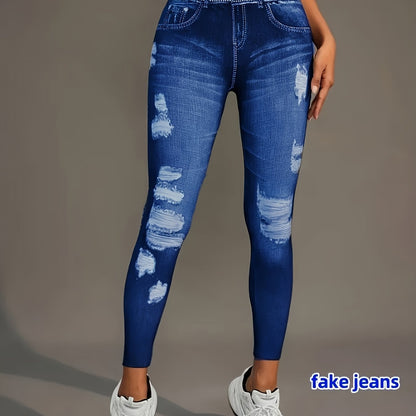 [Denim Print/Imitation Denim] Women's Imitation Denim Print Pants - Stretchy Polyester-Spandex Blend, Full-Body Distressed Design, Faux Pocket, Mid-Rise 9" Length, All-Season Casual & Leggings SS69