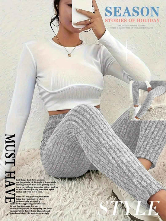 1pc Plus Size High Waist Solid Color Knit Leggings, Casual Stretchy Slimming Tights for Women, Polyester Knitted Fabric, Autumn/Winter Season