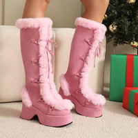 Women's Y2K Goth Boots/Faux Fur Knee-High Platform Winter/Chunky Heel & Lace-Up Closure/Warm Pink Furry Collar/Square Toe/Thick Rubber Sole & PU Cover/Cozy Snow Boots for Christmas, Parties & Casual Attire/Cold Weather Footwe
