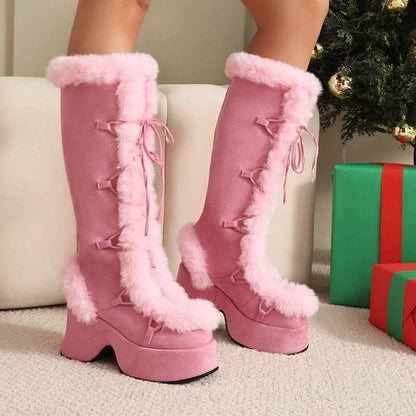 Women's Y2K Goth Boots/Faux Fur Knee-High Platform Winter/Chunky Heel & Lace-Up Closure/Warm Pink Furry Collar/Square Toe/Thick Rubber Sole & PU Cover/Cozy Snow Boots for Christmas, Parties & Casual Attire/Cold Weather Footwe