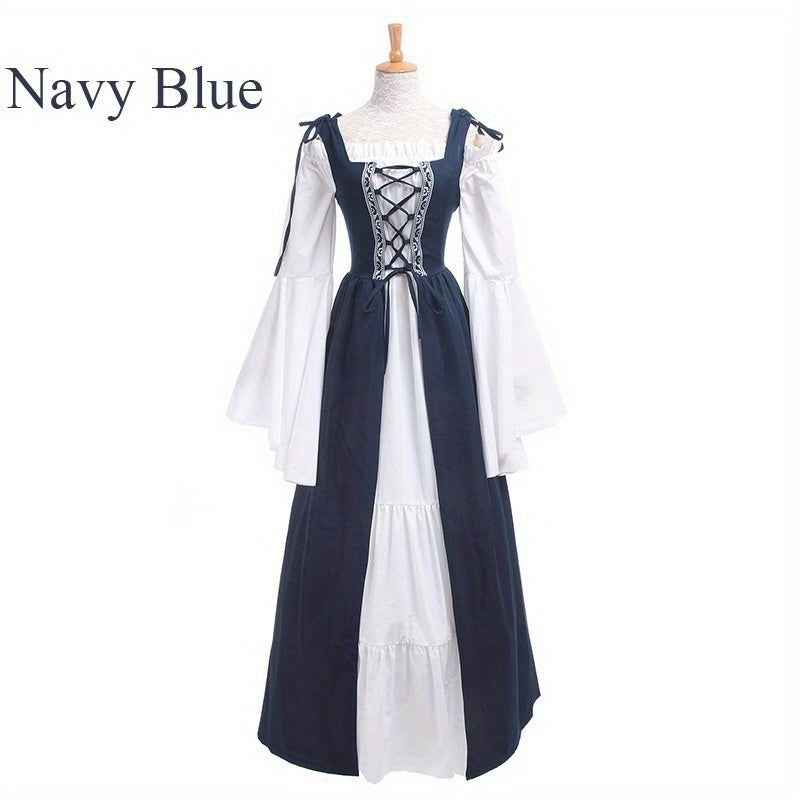 [Elegant Medieval Costume] Elegant Women's Medieval Two-Piece Costume - Renaissance Drama Outfit with Corset-like Bodice & Long Flowing Skirt | Halloween, Renaissance Faire, Themed Parties | Burgundy/White, Black/White, Green
