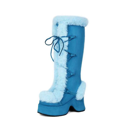 Women's Y2K Goth Boots/Faux Fur Knee-High Platform Winter/Chunky Heel & Lace-Up Closure/Warm Pink Furry Collar/Square Toe/Thick Rubber Sole & PU Cover/Cozy Snow Boots for Christmas, Parties & Casual Attire/Cold Weather Footwe