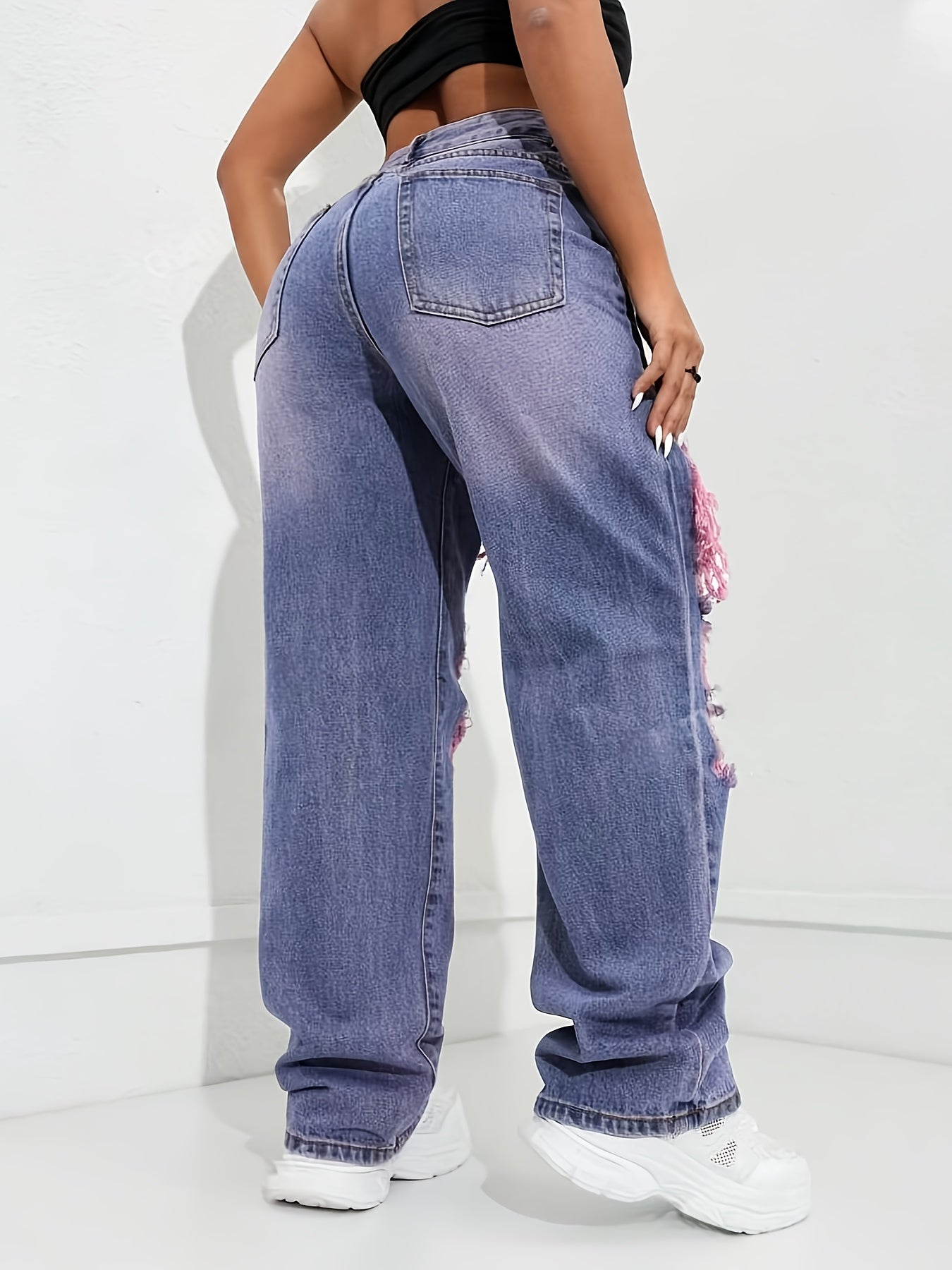 Trendy Retro High-Waisted Ripped Wide-Leg Jeans for Women - Distressed Denim with Pink Frayed Hems, Mid-Rise, Loose Fit, Machine Washable, All-Season Casual Wear SS69
