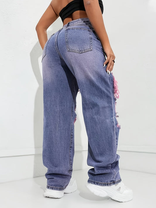 Trendy Retro High-Waisted Ripped Wide-Leg Jeans for Women - Distressed Denim with Pink Frayed Hems, Mid-Rise, Loose Fit, Machine Washable, All-Season Casual Wear SS69