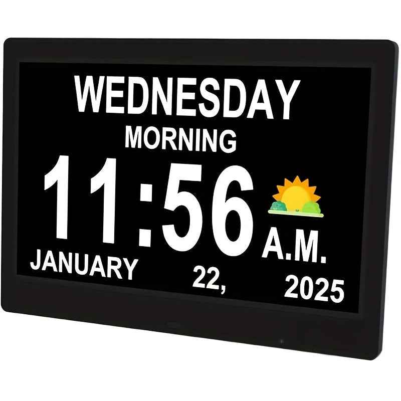 Large Digital Clock Designed for Seniors with Dementia, Featuring a Calendar Display, Alarms, And Functions As a Wall Clock Showing Day And Date. It Also Serves As an Alarm Clock, Desk Clock, Electronic Photo Frame, And Suppo