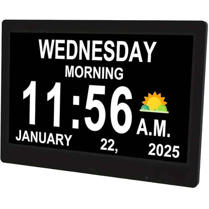 Large Digital Clock Designed for Seniors with Dementia, Featuring a Calendar Display, Alarms, And Functions As a Wall Clock Showing Day And Date. It Also Serves As an Alarm Clock, Desk Clock, Electronic Photo Frame, And Suppo