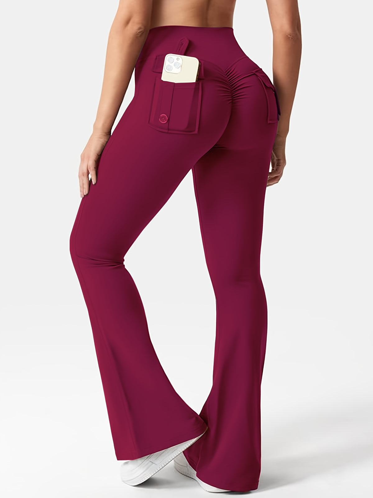 Full Of Elasticity Slim Fit Women's Pocket Yoga Pants - High Waist, Wide Legs, Solid Color, With Phone Pocket - SS69