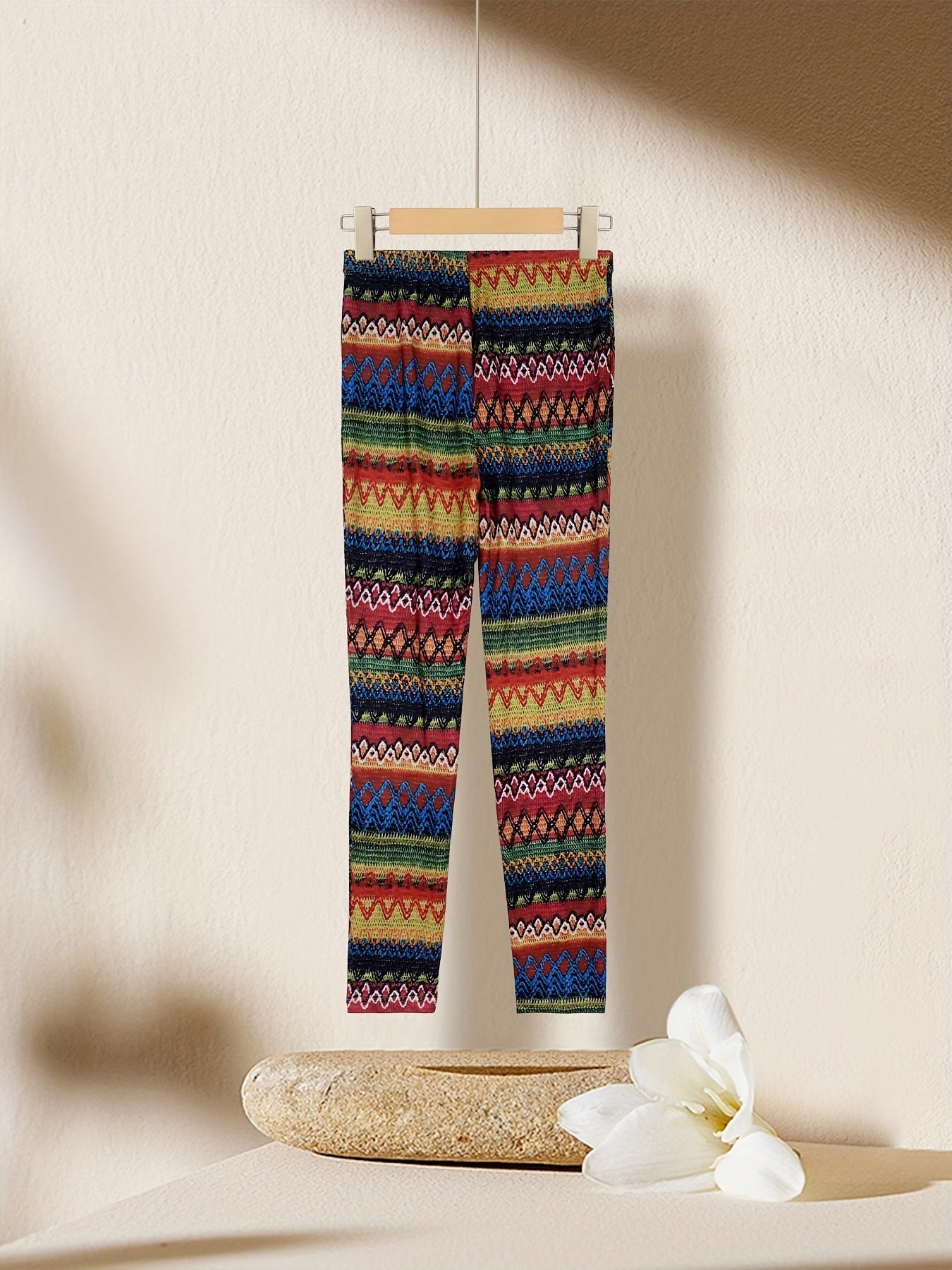 Women's Colorful Geometric Print Stretch Leggings - Vibrant High-Waisted Tight Fit Casual Pants, Machine Washable Polyester, All-Season Wear for Everyday Style, Stylish Leggings | Geometric Leggings | Durable Fabric, High Wai SS69