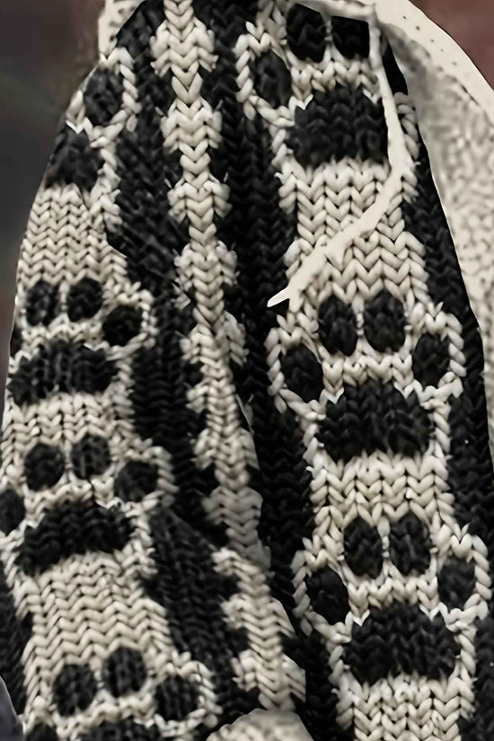 Plus Size, Plus Size Women's Oversized Hooded Cardigan Sweater Coat - Black & White Geometric Striped All-Over Print, Button-Front Jacket with Pocket, Soft Stackable Collar, Winter Warm Coat for Casual & Formal Wear (Hand Was