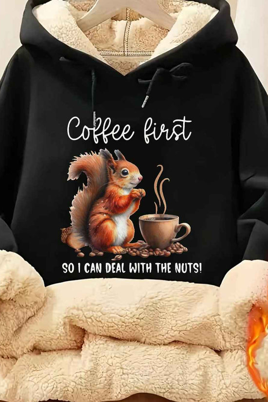 Plus Size - Plus Size - Plus Size, Women'S Plus-Size Hoodie - Black with Coffee Cup Graphic - Cozy Fall/Winter Pullover Sweatshirt - Casual Everyday & Lounge Wear - Cute Animal Print Hooded Sweater for Women, Fall Fashion, Pl