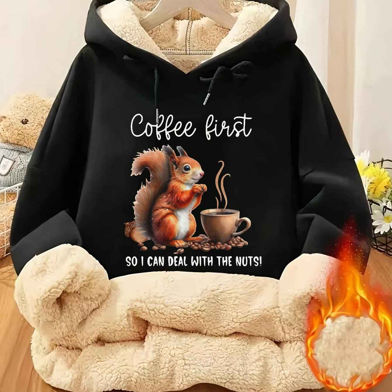 Plus Size - Plus Size - Plus Size, Women'S Plus-Size Hoodie - Black with Coffee Cup Graphic - Cozy Fall/Winter Pullover Sweatshirt - Casual Everyday & Lounge Wear - Cute Animal Print Hooded Sweater for Women, Fall Fashion, Pl