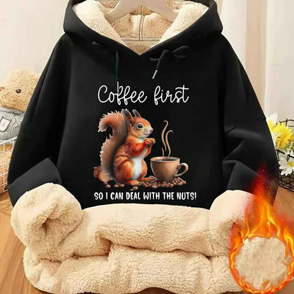Plus Size - Plus Size - Plus Size, Women'S Plus-Size Hoodie - Black with Coffee Cup Graphic - Cozy Fall/Winter Pullover Sweatshirt - Casual Everyday & Lounge Wear - Cute Animal Print Hooded Sweater for Women, Fall Fashion, Pl