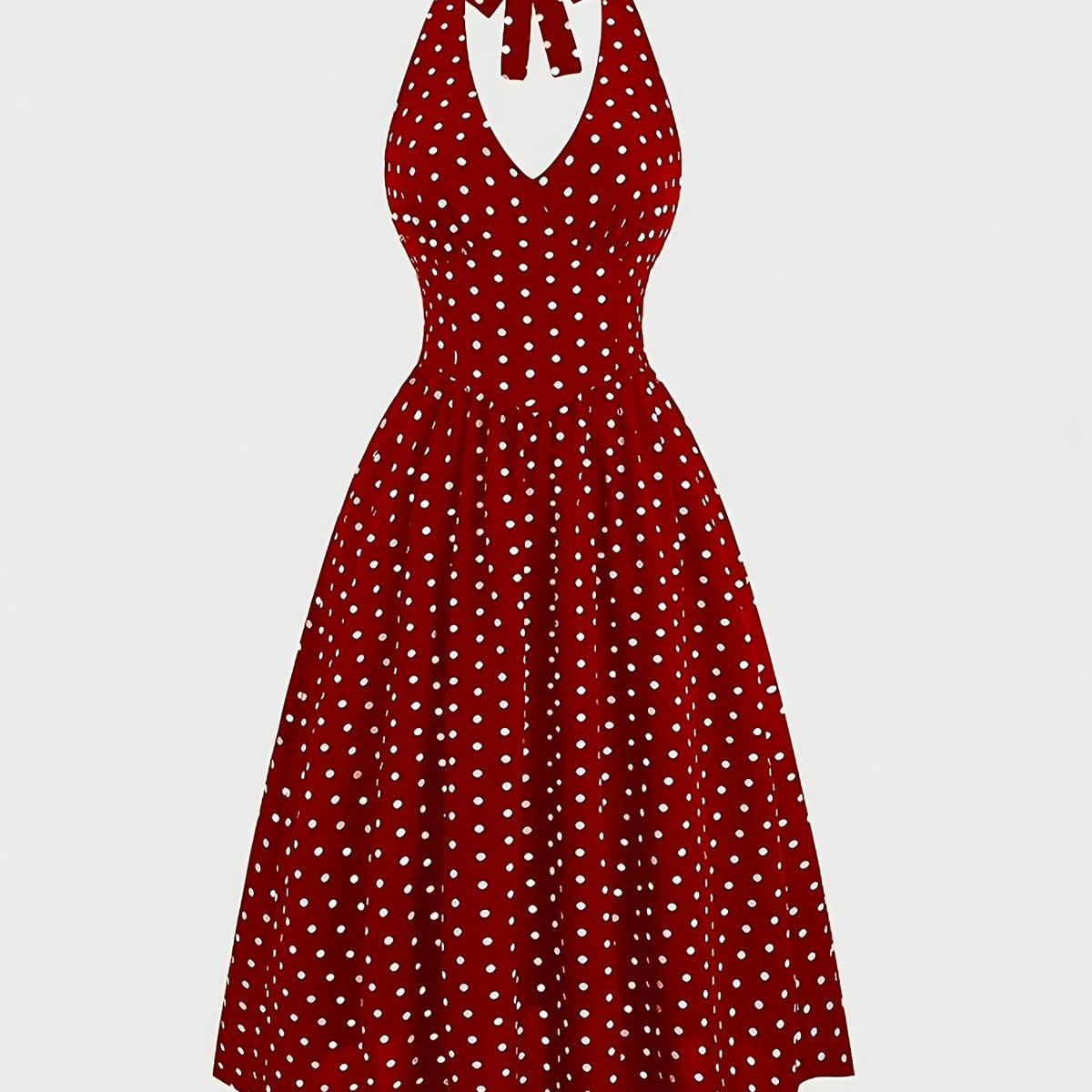 Elegant Style | Elegant Red Polka Dot Halter Dress with Tie-Back Detail - Backless A-Line Swing Dress for Women, Machine Washable Polyester, All-Season Glamour, Cocktail Attire | Aline Silhouette | Smooth Texture SS69 22.69 Burgundy / XL