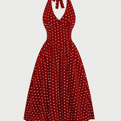 Elegant Style | Elegant Red Polka Dot Halter Dress with Tie-Back Detail - Backless A-Line Swing Dress for Women, Machine Washable Polyester, All-Season Glamour, Cocktail Attire | Aline Silhouette | Smooth Texture SS69 22.69 Burgundy / XL