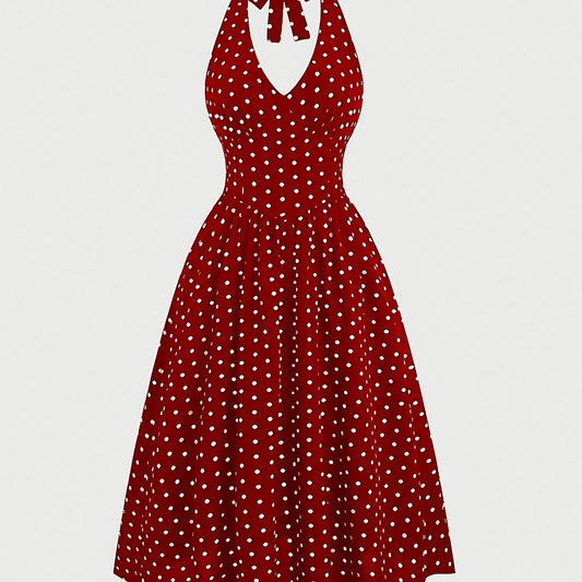 Elegant Style | Elegant Red Polka Dot Halter Dress with Tie-Back Detail - Backless A-Line Swing Dress for Women, Machine Washable Polyester, All-Season Glamour, Cocktail Attire | Aline Silhouette | Smooth Texture SS69 22.69 Burgundy / XL
