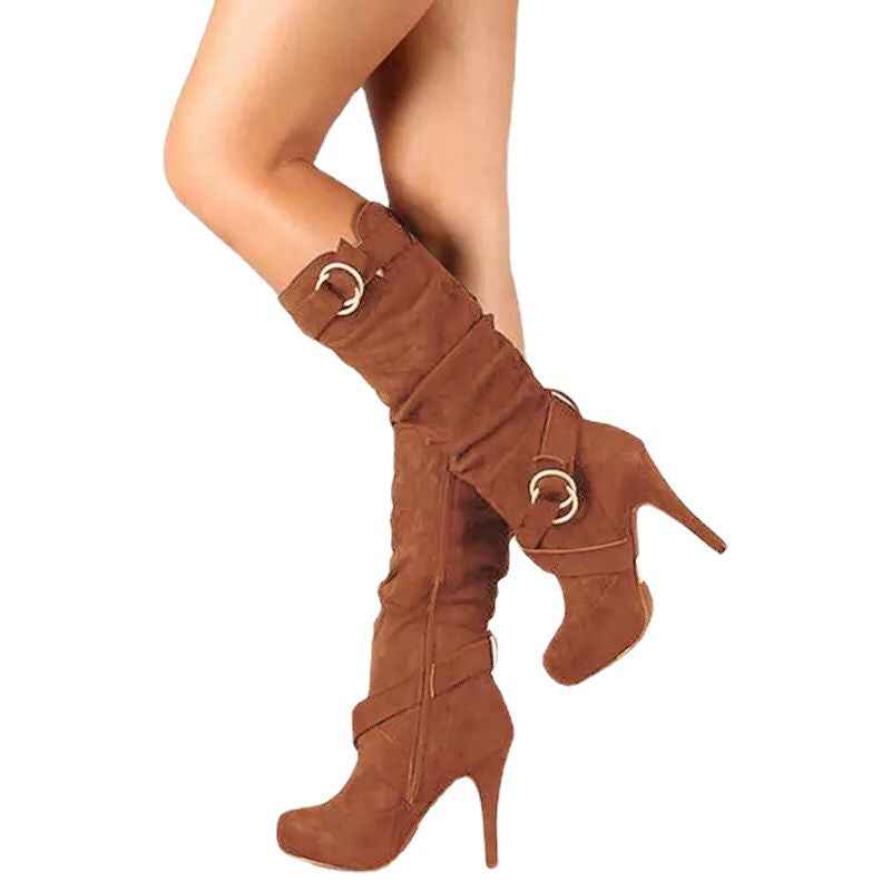 Women's Plus Size Knee-High Stiletto High-Heeled Boots, European-Inspired Round Toe with Zipper Closure, Stretch Comfort Fit and Slip-Resistant MD Sole, Elegant All-Season Booties for Casual & Formal Events, Brown, Grey, Hand