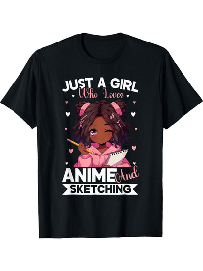 Who Loves Anime And Sketching Afro Anime Merch T-Shirt Trendy Cotton Tops Short Sleeve, Street Style Short Sleeve Tee, Comfort Tee, Casual Summer Tee, Must-have Fashionable Tee SS69