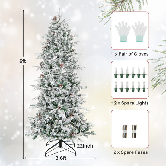COSTWAY 6/7.5 FT Pre-Lit Artificial Christmas Tree, Snow-Flocked Hinged Xmas Tree w/ 715/1107 Branch Tips, Natural Pinecones, 210/350 Warm-White Incandescent Lights, Metal Stand, Xmas Holiday Office Home Decor SS69
