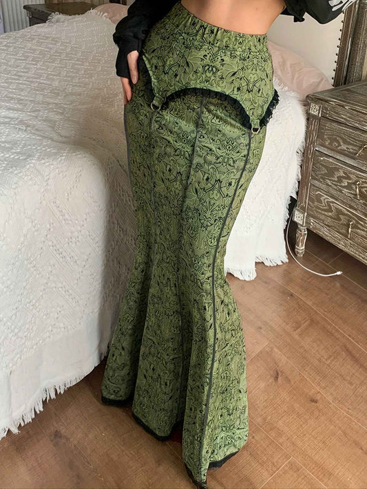 Graphic Print Lace Trim Mermaid Skirt, Elegant Slim Bodycon Skirt For Spring & Fall, Women's Clothing