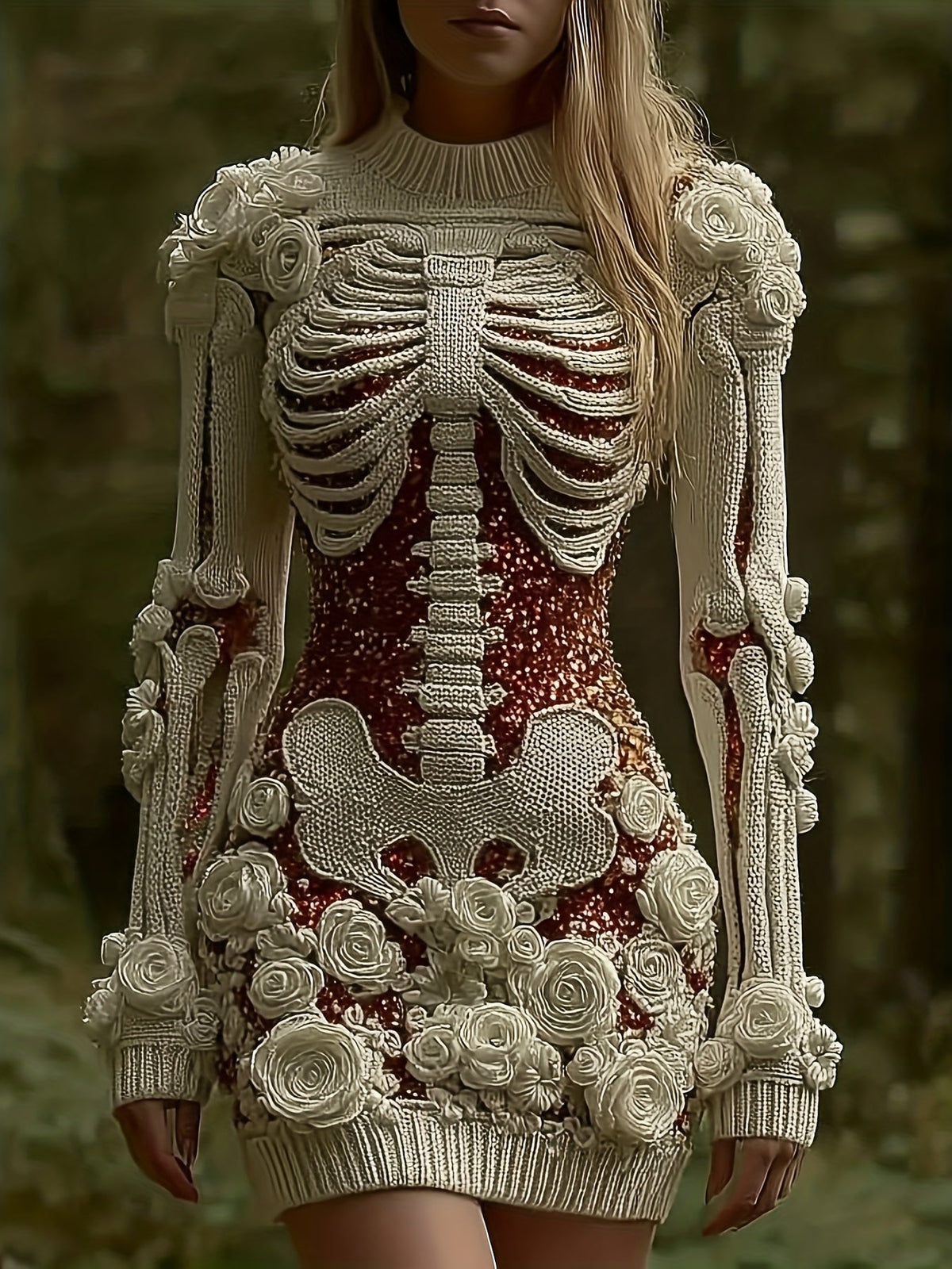 Women'S Gothic Skeleton Print Bodycon Skirt - Dark Halloween Party Skirt with Round Neck & A-Line Silhouette, Mid-Length Pencil Skirt for Fall/Winter, Non-Stereoscopic Bone Design for Themed Events & Casual Attire (No Padding SS69