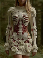 Women'S Gothic Skeleton Print Bodycon Skirt - Dark Halloween Party Skirt with Round Neck & A-Line Silhouette, Mid-Length Pencil Skirt for Fall/Winter, Non-Stereoscopic Bone Design for Themed Events & Casual Attire (No Padding SS69