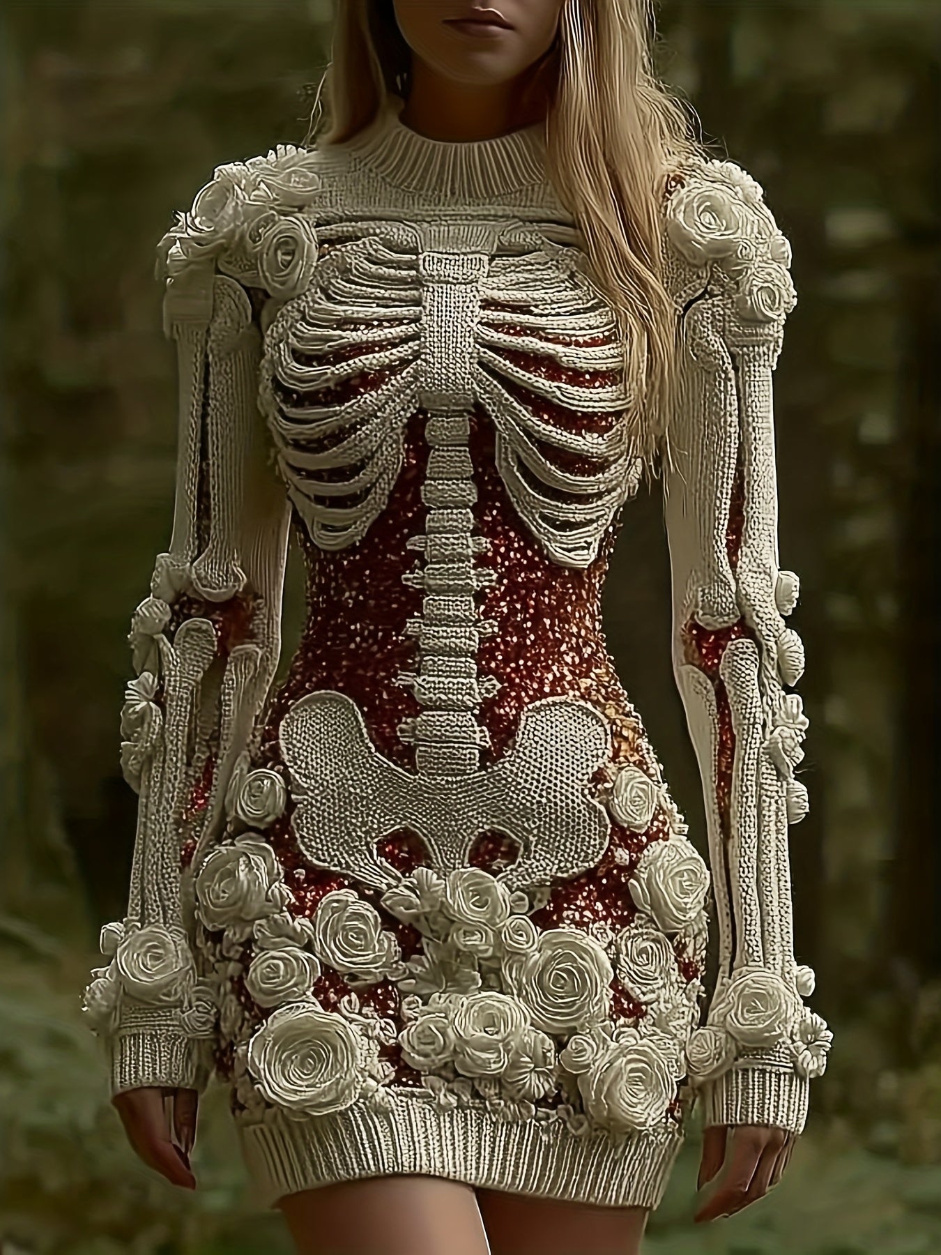 Women'S Gothic Skeleton Print Bodycon Skirt - Dark Halloween Party Skirt with Round Neck & A-Line Silhouette, Mid-Length Pencil Skirt for Fall/Winter, Non-Stereoscopic Bone Design for Themed Events & Casual Attire (No Padding SS69